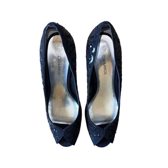 Caparros Nature Black Beaded Peau Peep Toe Heel Size Womens Size 10 GREAT CONDIT - Picture 5 of 13